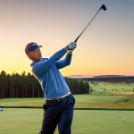 **Image Prompt:** A golf professional on the driving range at sunrise in Sweden, meticulously practicing their swing. Focus on dedication and repetition, capturing the early morning light and Swedish landscape.