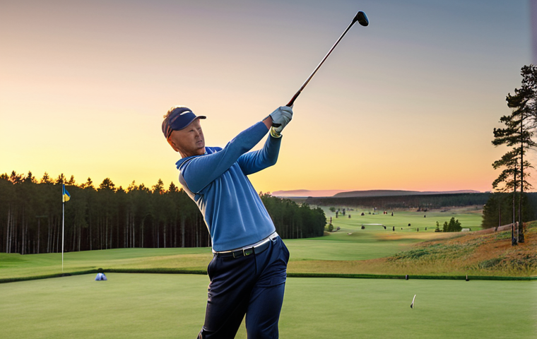 **Image Prompt:** A golf professional on the driving range at sunrise in Sweden, meticulously practicing their swing. Focus on dedication and repetition, capturing the early morning light and Swedish landscape.
