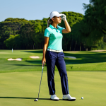 A focused professional female golfer in a modest, appropriate golf polo shirt and long golf trousers, standing calmly on a sunlit golf course fairway. She is looking intently towards the hole, visualizing her shot with perfect concentration. The background features lush green grass, a clear sky, and distant trees. The image conveys a sense of peaceful contemplation and mental preparation. Fully clothed, safe for work, appropriate content, professional, perfect anatomy, correct proportions, natural pose, well-formed hands, proper finger count, natural body proportions, high-quality, professional photography, realistic.